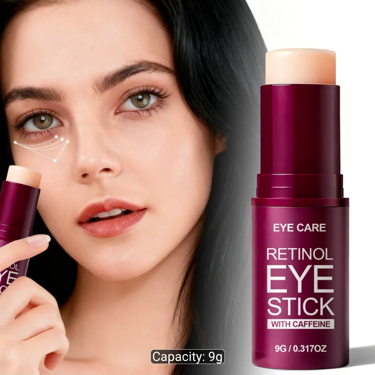 Halo House Retinol Eye Stick with Caffeine — full product overview showing benefits and 9g twist-up stick packaging